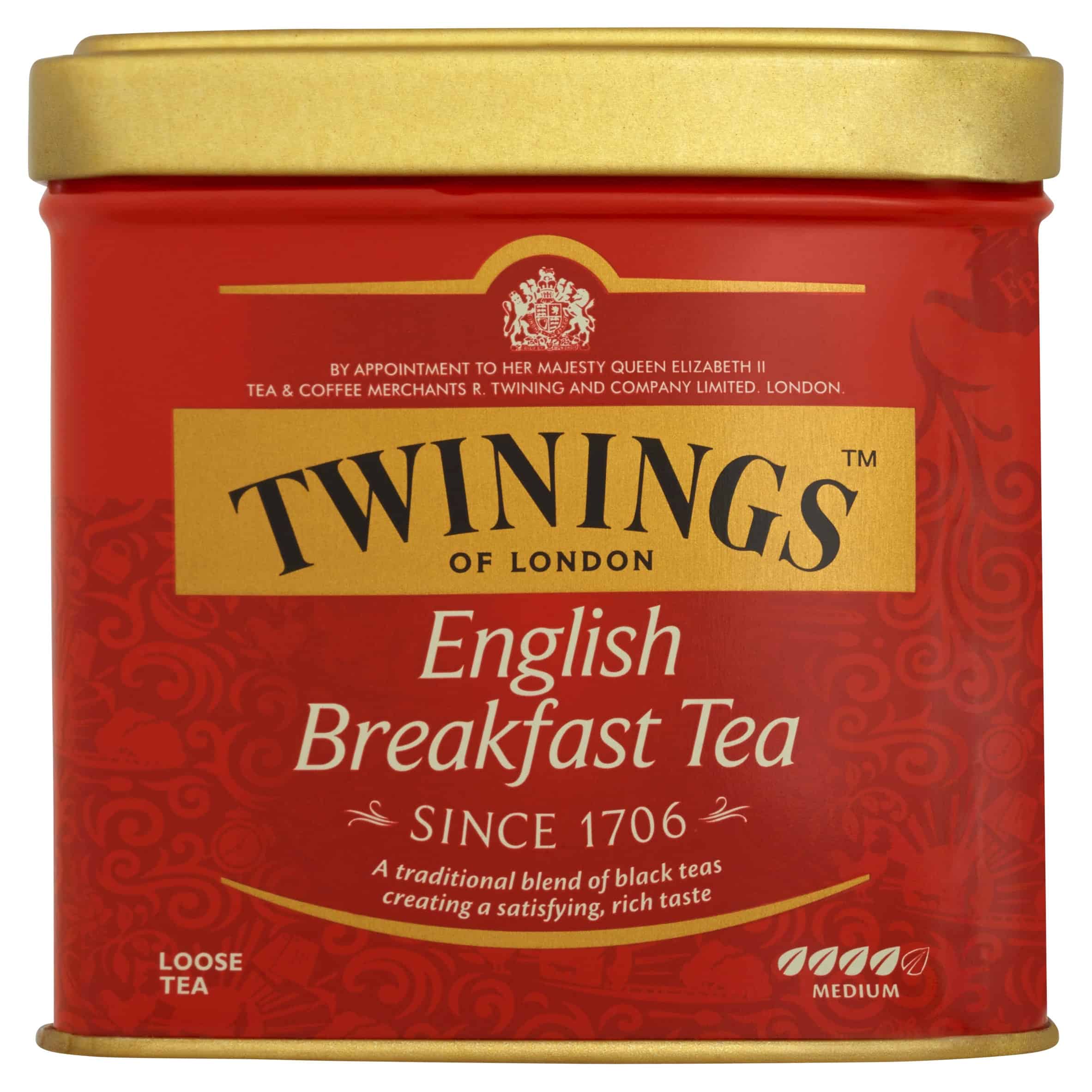 Likstrój herbaty Twinings English Breakfast Tea w metalowym pudełku, różowy design z złotymi akcentami, idealny do śniadania, tradycyjny czarny herbata, bogaty smak i aromat, idealny dla miłośników herbaty.
