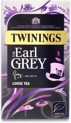 Twinings Earl Grey Loose Tea, czarna herbata z bergamotą, eleganckie opakowanie, aromatyczna herbatka w luźnych listkach, idealna do codziennego relaksu, wysokiej jakości herbata, bogaty smak i aromat, składa się z naturalnych składników, dostarcza wyjątkowych doznań smakowych.