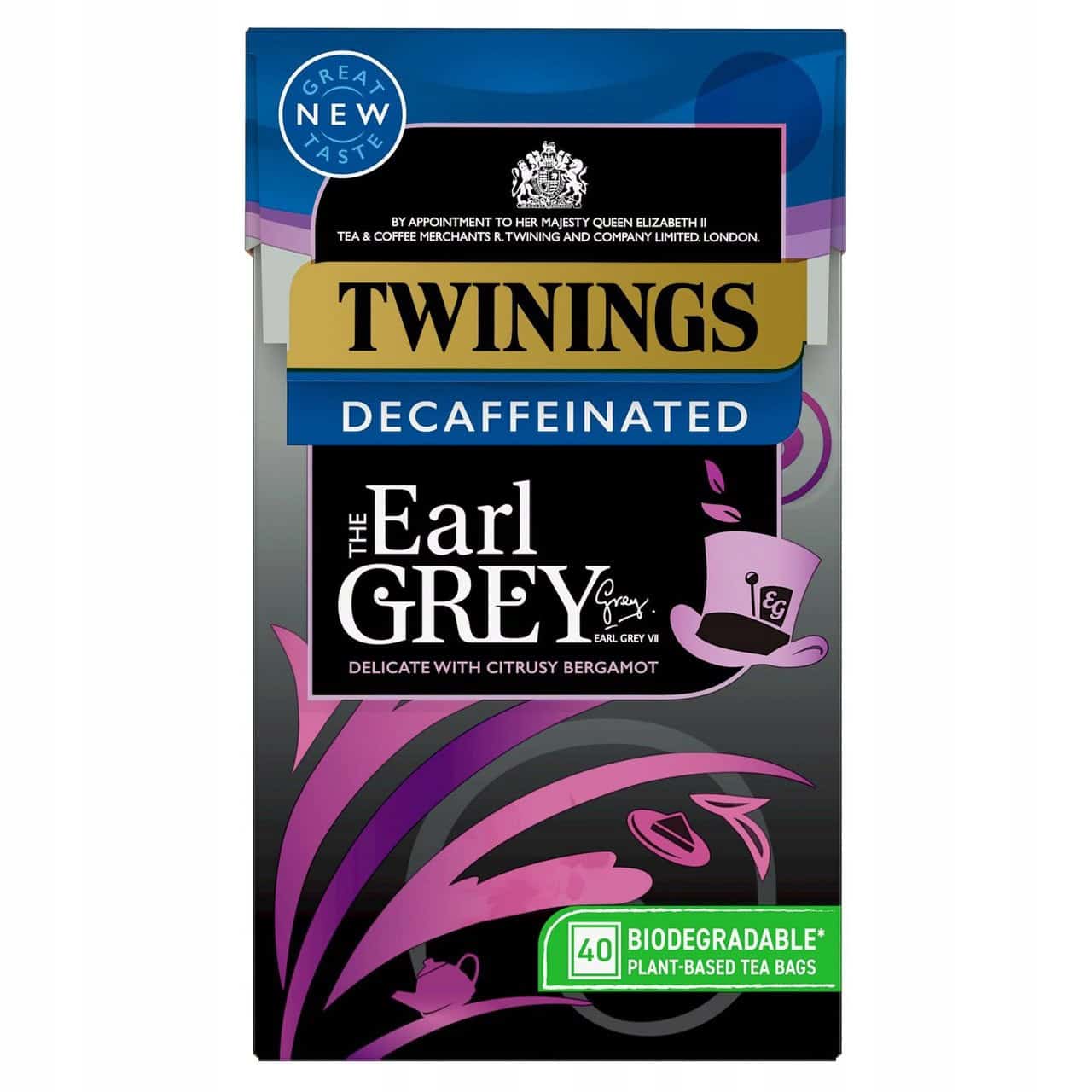 Naturalne worek herbaciany do herbaty Twinings Earl Grey bezkofeinowej, biodegradowalny, 40 sztuk, aromatyczny czarny herbata z bergamotką, idealny na relaks i codzienne spożycie.