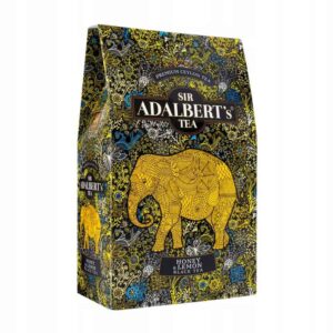 Paczka herbaty Sir Adalbert's Tea Honey Lemon Black Tea w ozdobnym opakowaniu z żółtym słoniem na tle kwiatowych wzorów, idealne do relaksacji i poprawy samopoczucia.