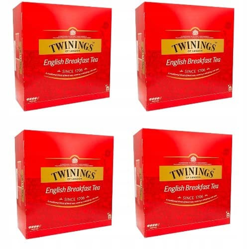 Herbaty Twinings English Breakfast w opakowaniach, idealne na śniadanie, bogaty smak i aromat, oryginalne herbaty z Londynu.