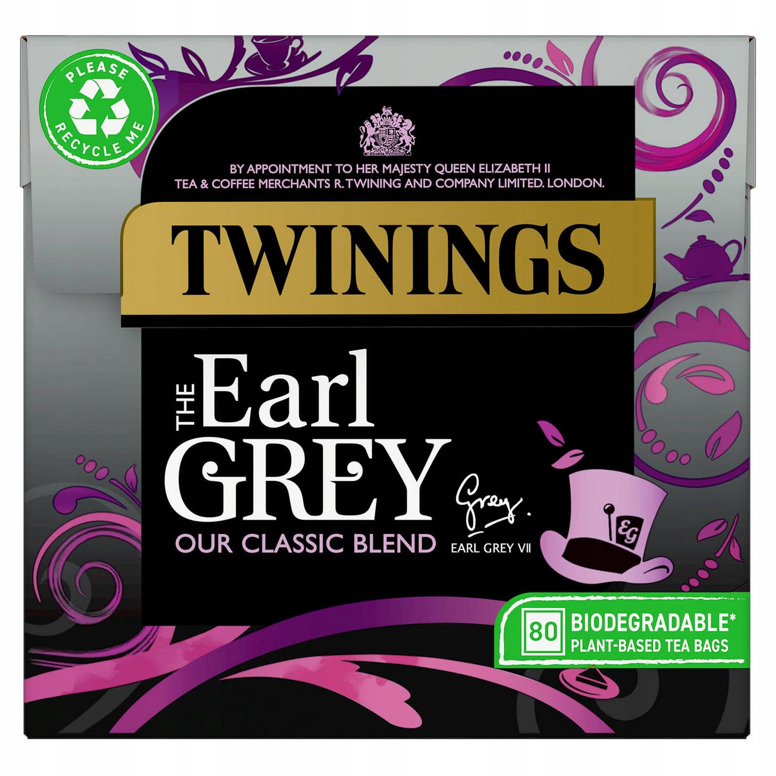 Delikatne opakowanie z herbatą Twinings Earl Grey, elegancki design z fioletowymi motywami, ekologiczne herbaty roślinne, biodegradowalne torebki herbaty, wysokiej jakości herbata czarna.