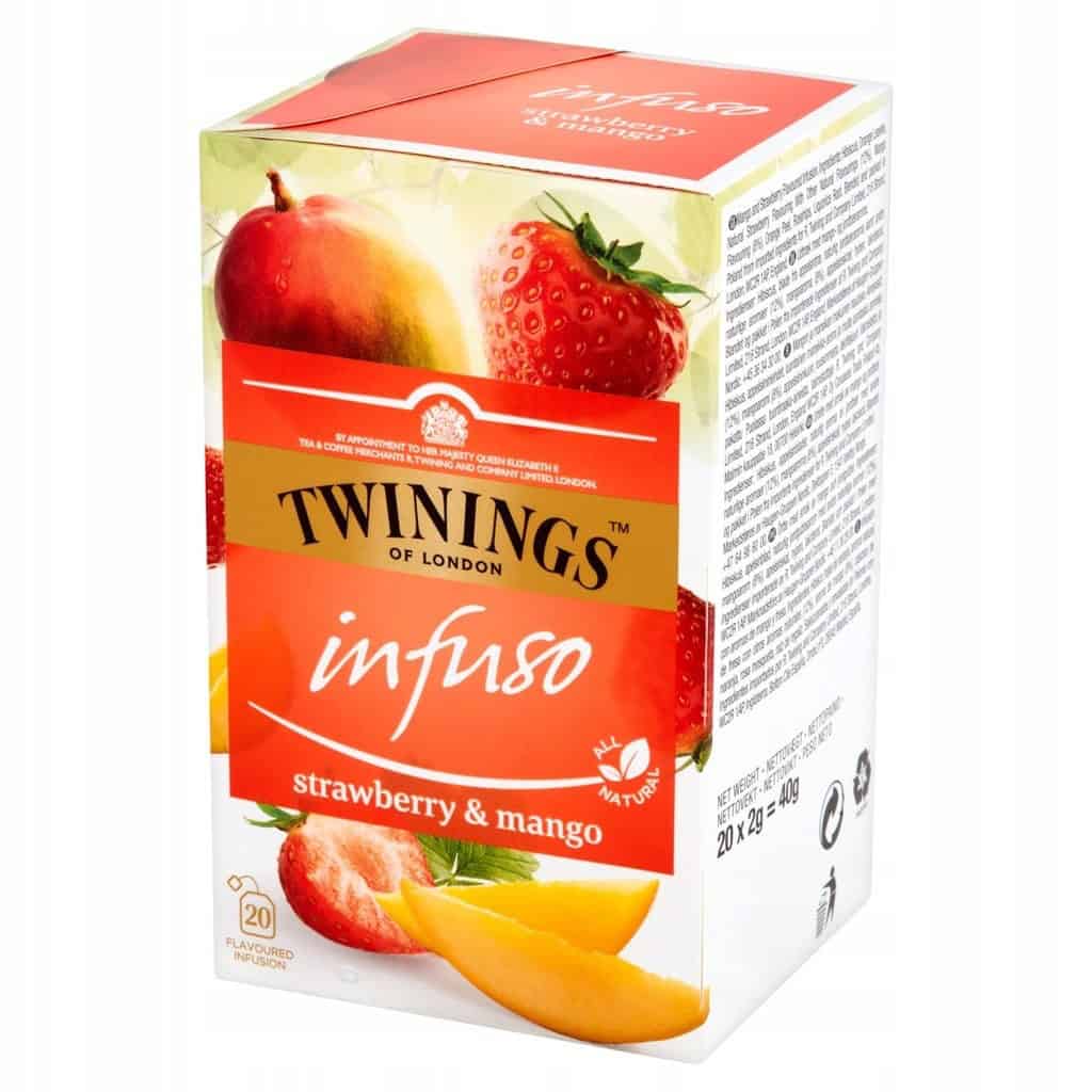 TWININGS Infuso Strawberry & Mango 20x2g Truskawka Mango 1 Słoiczek herbaty Twinings infuso truskawka i mango, naturalny aromat, herbata owocowa, napój herbaciany, lekka i orzeźwiająca, 20 saszetek, produkt do spożycia, zdrowa alternatywa dla słodzonych napojów, idealna na co dzień.