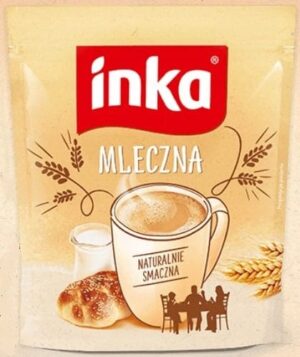 Chłodząca kawa w proszku Inka Mleczna, kremowa i naturalnie smaczna, idealna na szybkie orzeźwienie i relaks przy filiżance, dostępna w atrakcyjnym opakowaniu.