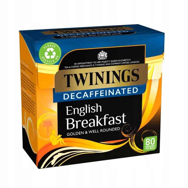 Twinings English Breakfast Herbata bezkofeinowa, 80 torebek, naturalny smak, pełny aromat, idealna na śniadanie i codzienne spożycie, wysokiej jakości herbata bez kofeiny, polecana dla miłośników herbaty.