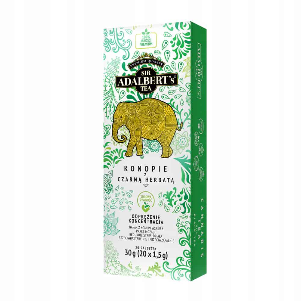 Herbata z konopi i czarnej herbaty Sir Adalbert's, relaksująca i wspierająca koncentrację, naturalny napar z konopi, 20 saszetek 1,5 g, zdrowa żywność, produkt premium, anti-stres, detox, herbaty zdrowotne.