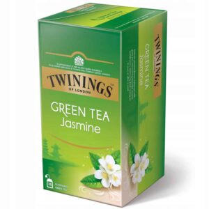 Zielony herbata jaśminowa Twinings, opakowanie, herbata zielona z jaśminem, naturalny aromat, 25 sztuk, produkt herbaciany, relaks i orzeźwienie, zdrowa herbata, eco-friendly packaging, londyńska marka herbal tea.