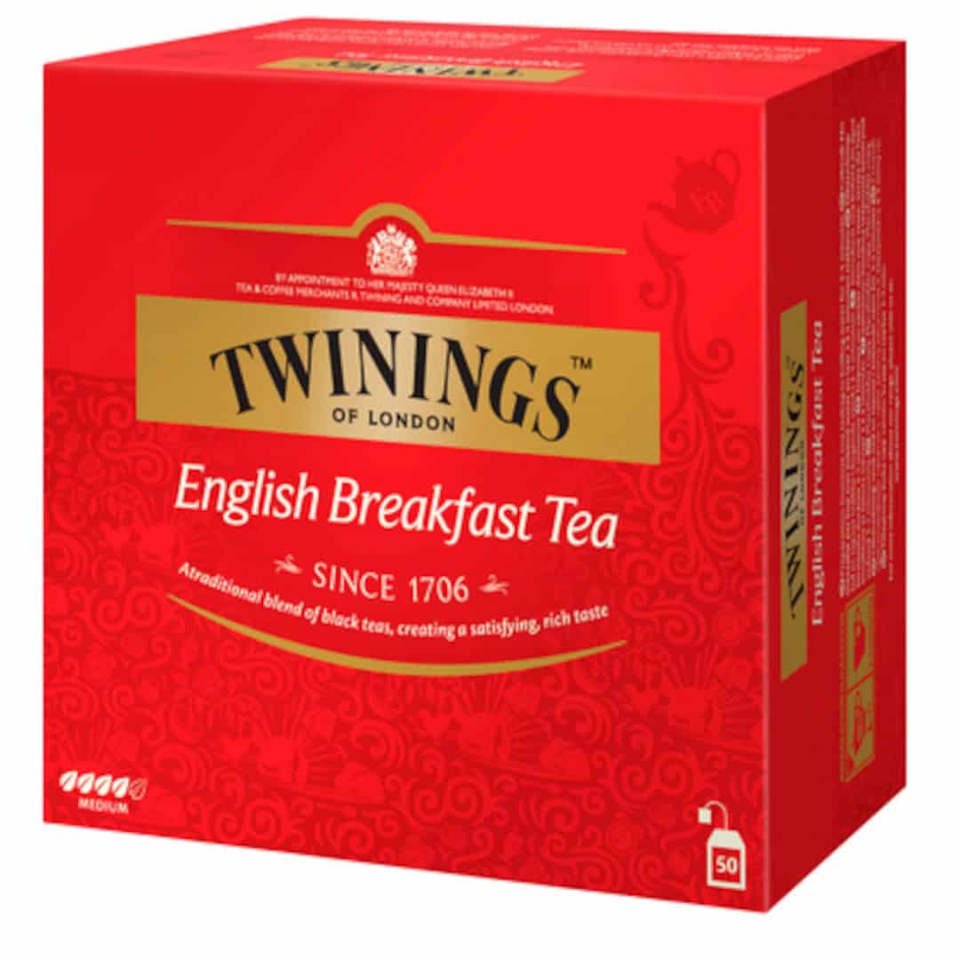 Twinings English Breakfast – czarna herbata (50 torebek) 2 Wyglądaj zdjęcia herbaty Twinings English Breakfast Tea w czerwonym opakowaniu, z klasycznym złotym logo i opisem, idealny na codzienny poranny rytuał.