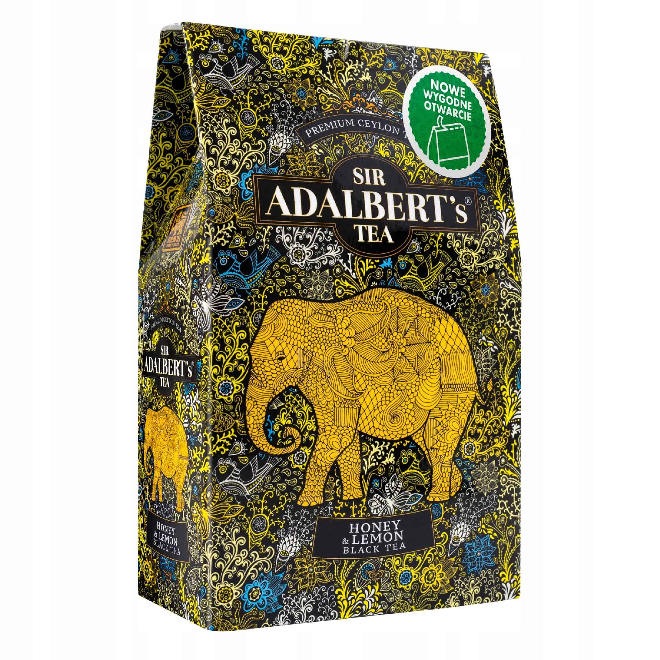 Herbata ADALBERT'S TEA BLACK TEA HONEY & LEMON 3 Piernikowy zestaw słodkiego czarnego herbaty z miodem i cytryną od Sir Adalbert’s Tea, opakowanie z ozdobnym, etnicznym wzorem i wizerunkiem słonia.