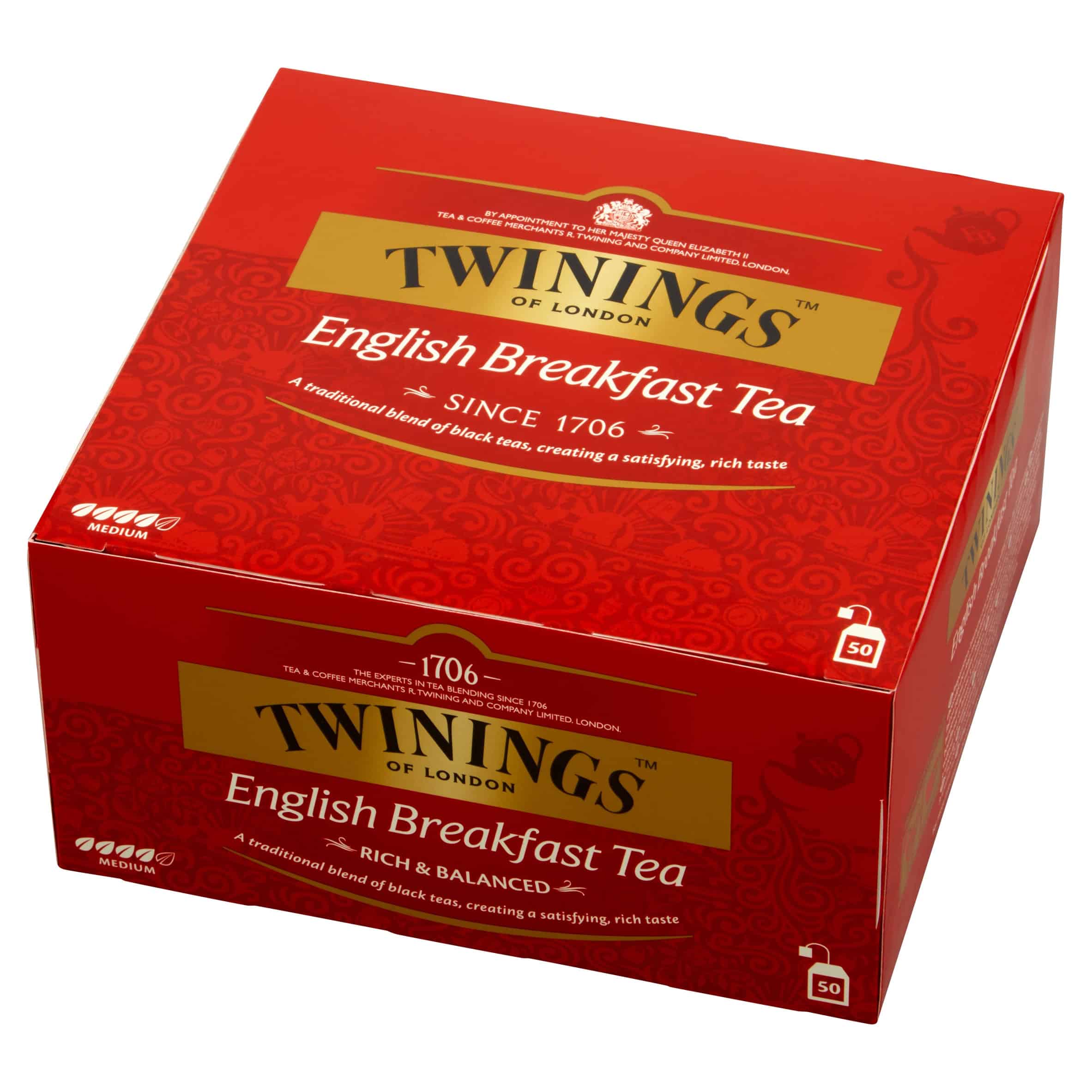 Twinings English Breakfast – czarna herbata (50 torebek) 4 Herbata śniadaniowa Twinings English Breakfast, tradycyjny blend czarnych herbat, w eleganckim czerwonym opakowaniu, idealna na rozpoczęcie dnia, bogaty smak i aromat.