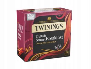 Twinings english strong breakfast herbata opakowanie, herbata Twinings English Strong Breakfast, filiżanka herbaty Twinings, aromatyczna herbata na śniadanie, naturalne składniki herbaty, najwyższa jakość, szybkie parzenie, 80 torebek herbaty, bogaty smak, zdrowa dieta, idealna na co dzień.