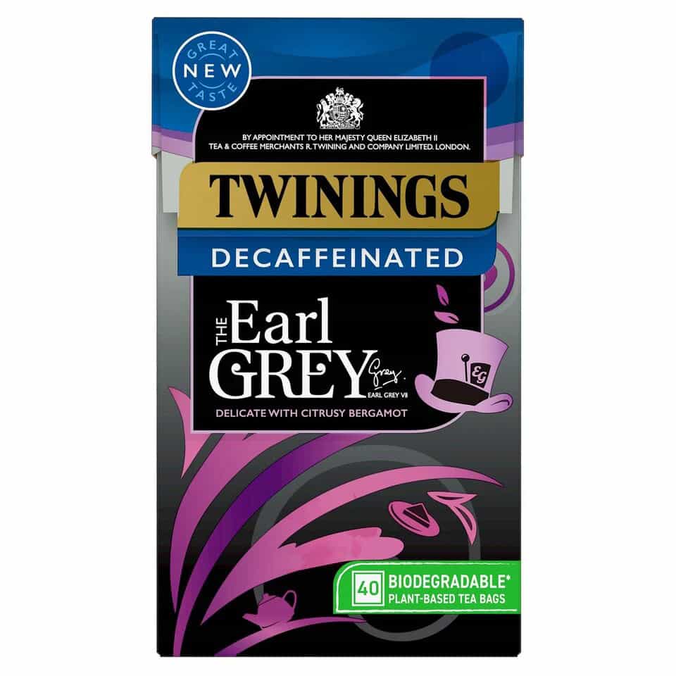 Naturalny herbatnik Twinings Earl Grey bez kofeiny, delikatny smak z bergamotem i cytrusowymi nutami, w ekologicznych torebkach roślinnych, 40 biodegradowalnych saszetek.