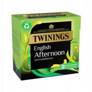 Herbata Twinings English Afternoon, lekka i orzeźwiająca, idealna na popołudnie, bogata w naturalne składniki, biodegradowalna opakowanie, doskonała do filiżanki lub kubka.