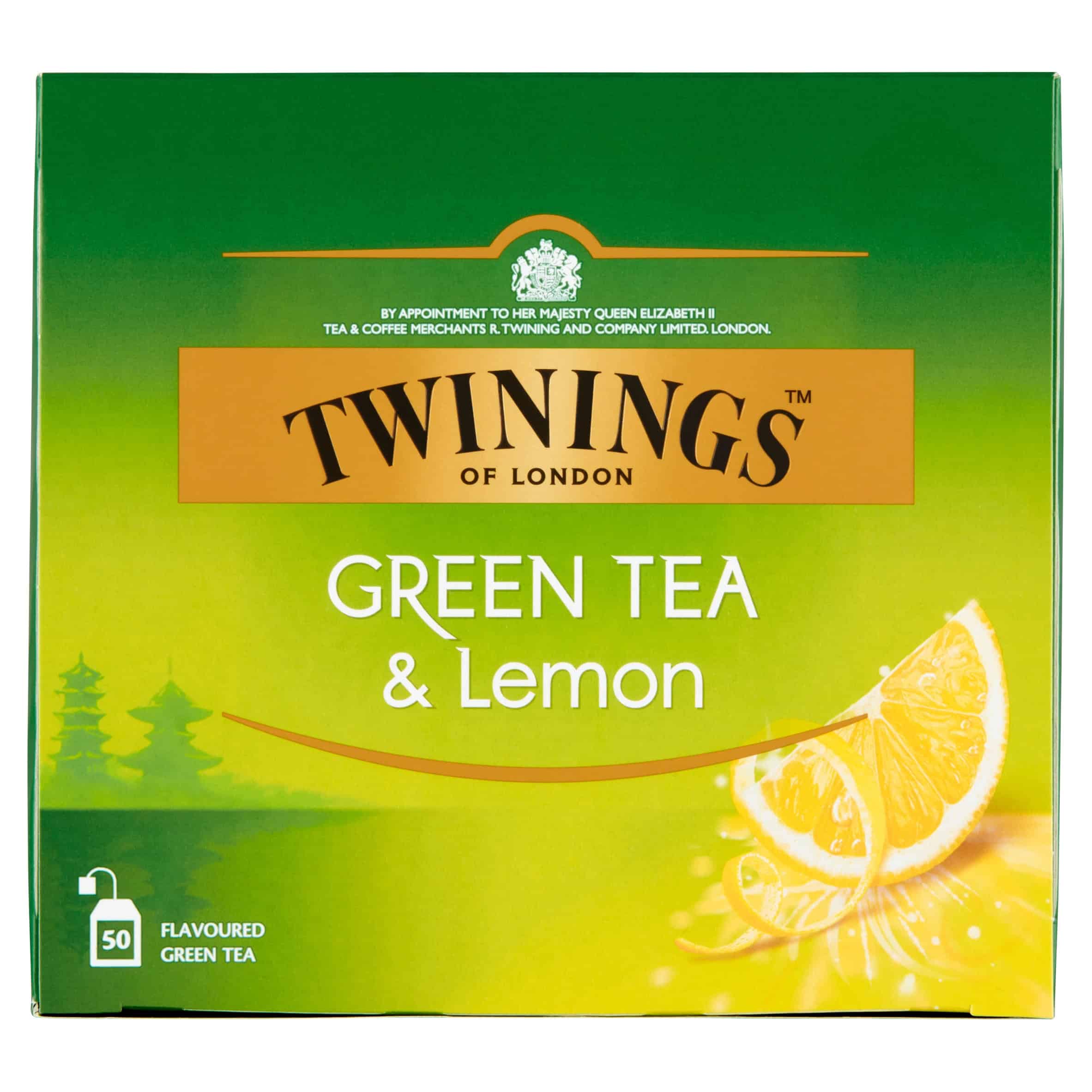 Naturalne zdjęcie pudełka herbaty z zielonej herbaty i cytryny Twinings, aromatyczna herbata Green Tea & Lemon, idealna na relaks i orzeźwienie, wysokiej jakości herbaty w eleganckim opakowaniu.