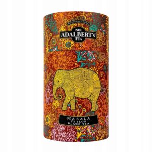 Atrakcyjna puszka z czarnym herbatą Masala Ceylon Sir Adalbert’s Tea z kolorowym, indyjskim wzorem i żółtym słoniem, idealna dla miłośników aromatycznych herbat indyjskich.
