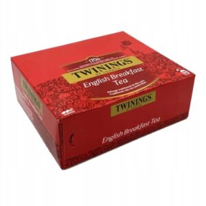 Pierwszy obraz - powódź istnienia produktu, informacje o herbacie Twinings English Breakfast Tea, rozpoznawalny czerwony design opakowania, idealne dla miłośników herbaty na śniadanie.