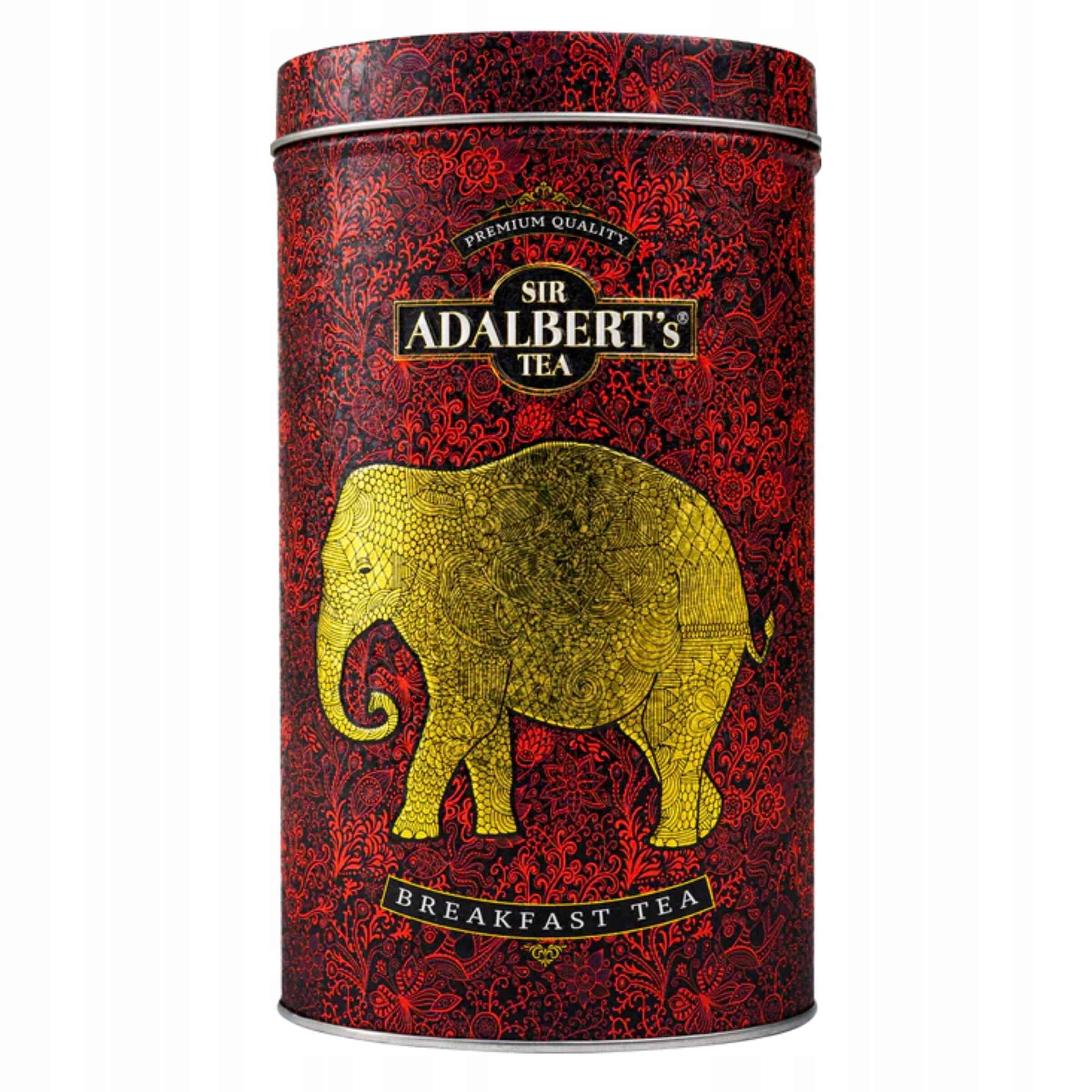 Sypkie herbaciane tea Adalbert's z motywem słonia w złotej kolorystyce na czerwonej dekoracyjnej puszce, herbata śniadaniowa, wysokiej jakości naturalny smak, eleganckie opakowanie, herbata premium.