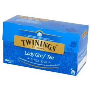 Earl Grey Twinings Lady Grey Tea, herbata o aromatycznym czarnym smaku, z nutami pomarańczy, cytryny i cytrusów, w opakowaniu 25 torebek, idealna na codzienne relaksujące chwile.