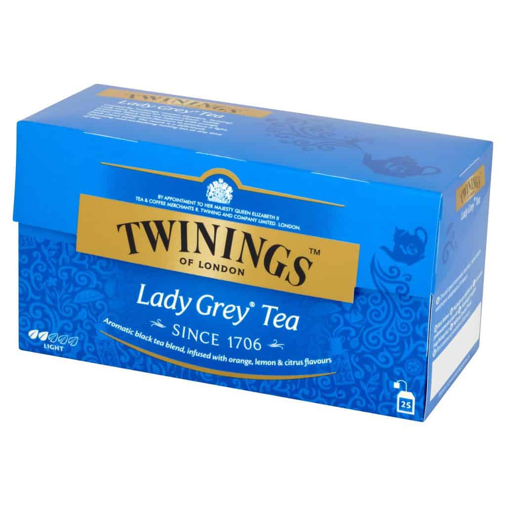 TWININGS LADY GREY 25szt 1 Earl Grey Twinings Lady Grey Tea, herbata o aromatycznym czarnym smaku, z nutami pomarańczy, cytryny i cytrusów, w opakowaniu 25 torebek, idealna na codzienne relaksujące chwile.