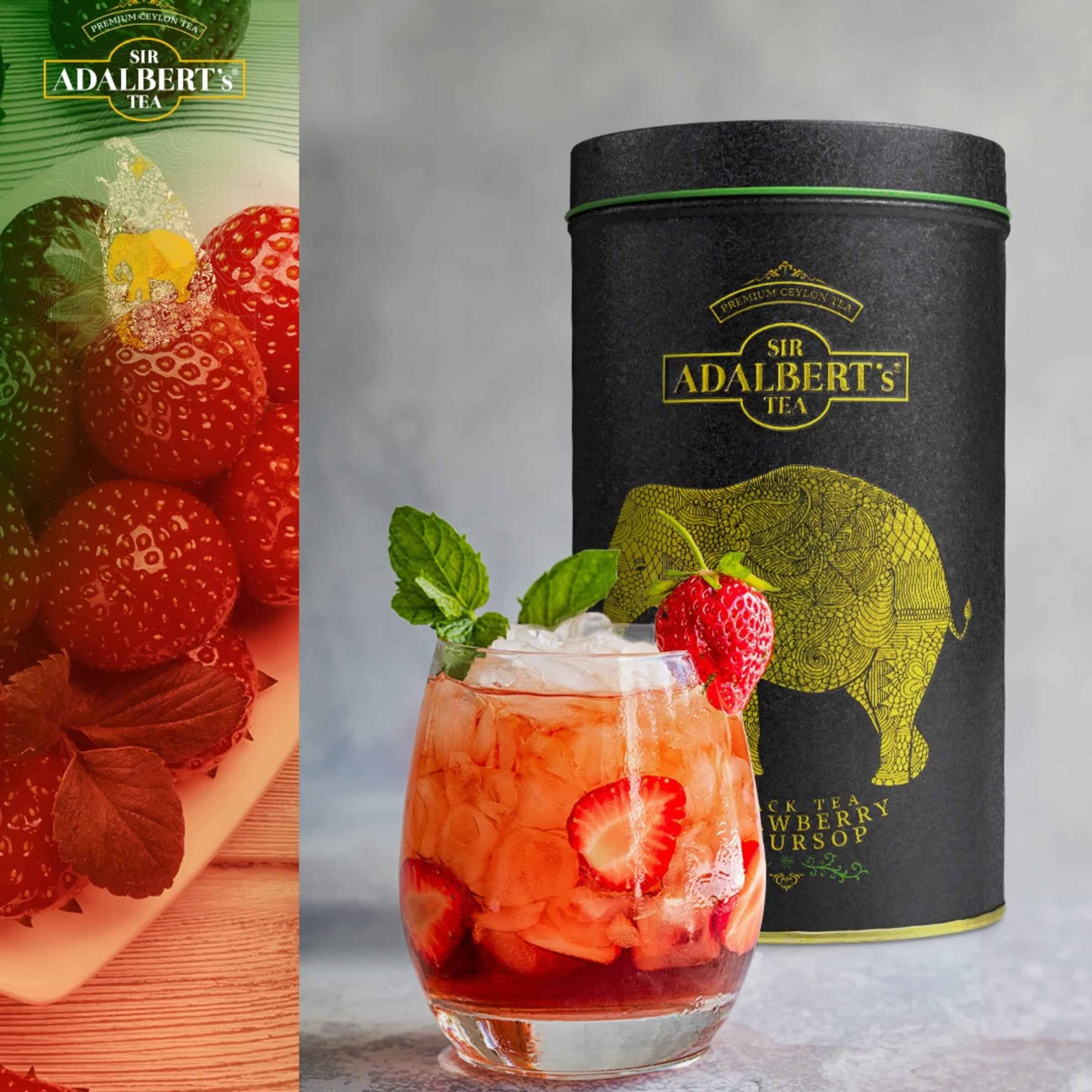 Adalberts Strawberry & Soursop 80g pouch 5 Świeży napój z herbaty owocowej z truskawkami i miętą obok eleganckie opakowanie Sir Adalbert’s Tea, idealne na orzeźwienie od FlowTea.