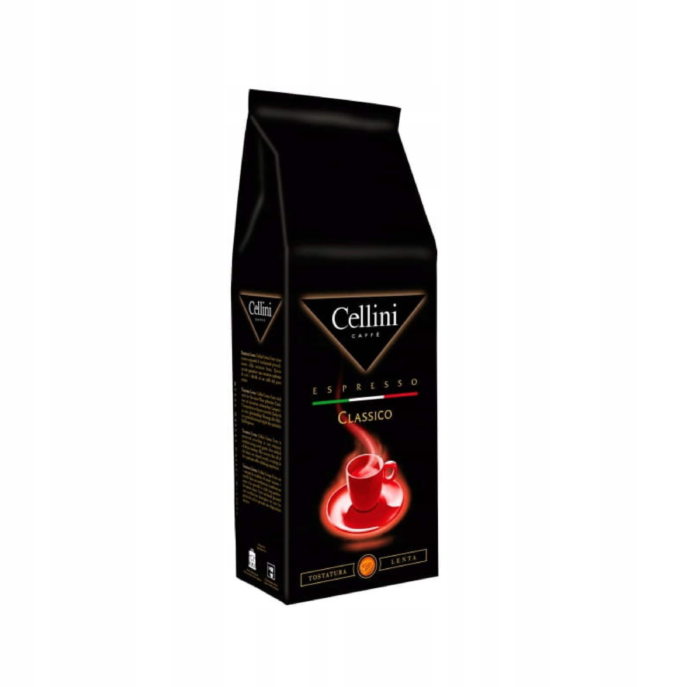 Kawa CELLINI CLASSICO 2 x 1kg ziarnista 2 Paczka kawy mielonej Cellini Espresso Classico, idealna do szybkiego parzenia i aromatycznego smaku, elegancka czarna opakowanie z czerwonym kubkiem i parującym espresso.