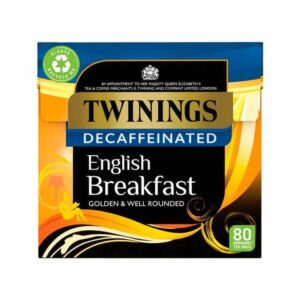 Twinings English Breakfast herbata bezkofeinowa - duży pakiet, złota i czarna oprawa, elegancki design, idealna na poranne śniadanie, pełny smak, łagodna i dobrze wyważona.