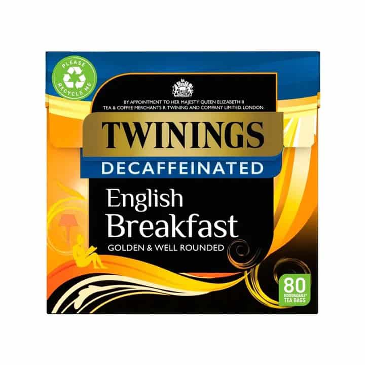 Twinings English Breakfast herbata bezkofeinowa - duży pakiet, złota i czarna oprawa, elegancki design, idealna na poranne śniadanie, pełny smak, łagodna i dobrze wyważona.