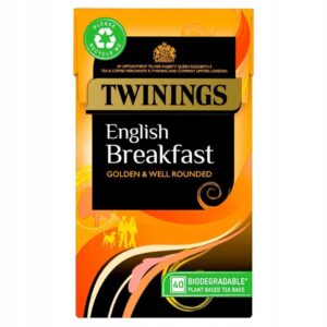Przyjazne dla środowiska zupki herbaciane Twinings English Breakfast, naturalny smak i równowaga, biodegradowalne opakowanie, 40 bioherbatek w saszetkach.