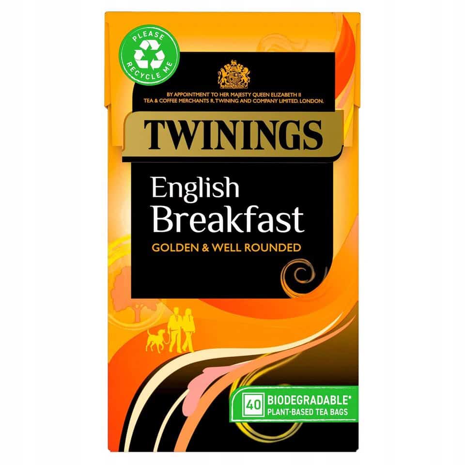 TWININGS English Breakfast 40tb 1 Przyjazne dla środowiska zupki herbaciane Twinings English Breakfast, naturalny smak i równowaga, biodegradowalne opakowanie, 40 bioherbatek w saszetkach.