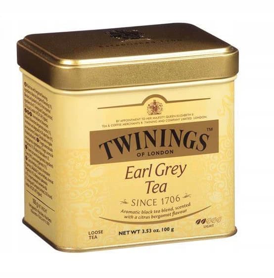 Puszka herbaty Earl Grey Twinings, liściasta czarna herbata z aromatem bergamotki, elegancki design, idealna do filiżanki, najwyższa jakość herbaty Twinings, angielska tradycja herbaciana, herbaty czarne premium.