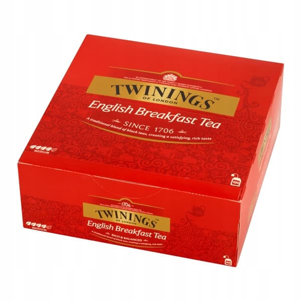 Herbata śniadaniowa Twinings English Breakfast, czerwony opakowanie, wysokiej jakości herbaty brytyjskiej, idealna na poranną chwilę relaksu i energii.