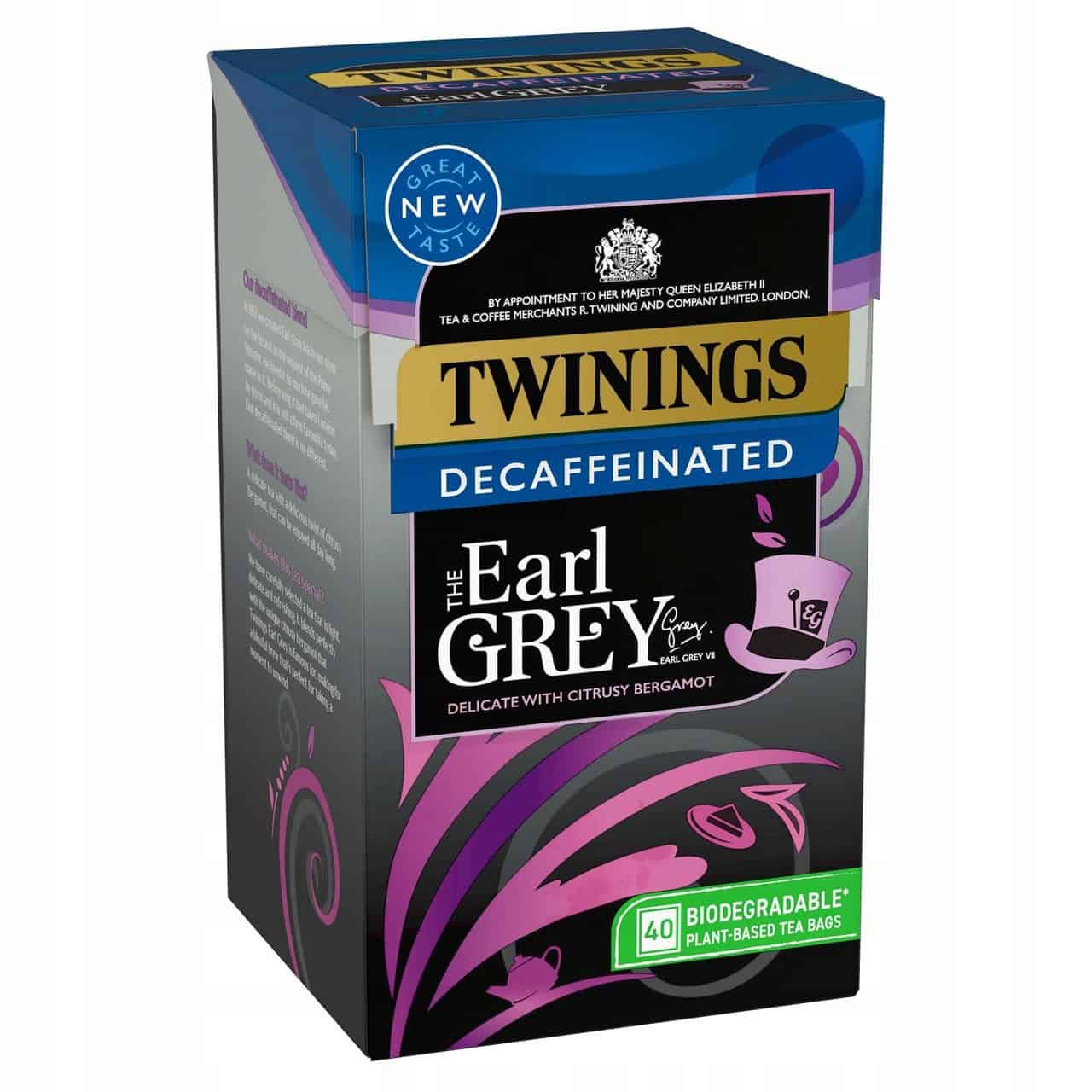 Duża paczka herbaty Twinings Earl Grey bez kofeiny, w listkach, o aromacie cytrusowego bergamota, w ekologicznych, rozkładanych opakowaniach, idealna na codzienne picie.