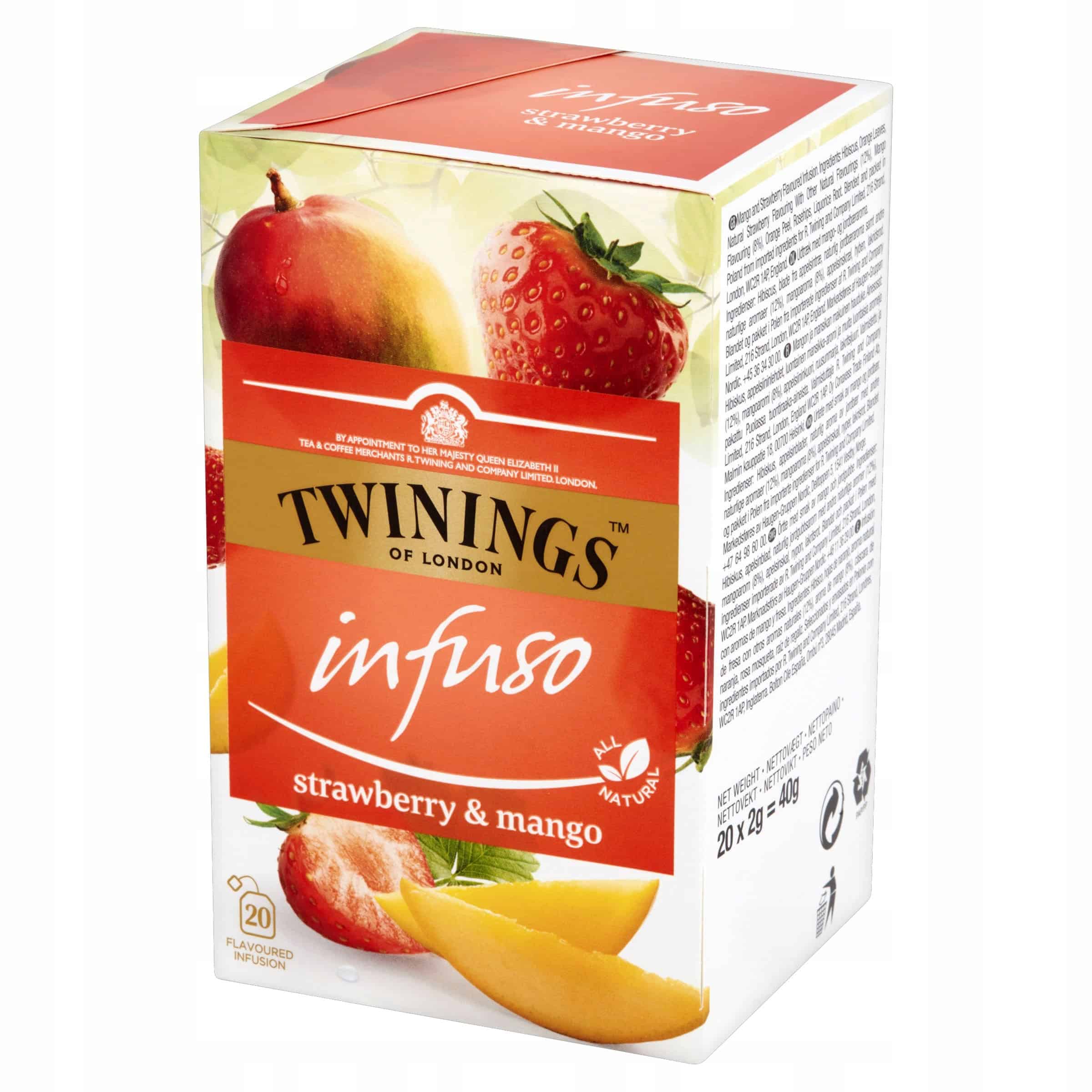 TWININGS Infuso Strawberry & Mango 20x2g Truskawka Mango 4 Naturalne herbaty owocowe Twinings Infuso o smaku truskawki i mango, długi czas parzenia, wygodne opakowanie 20 saszetek. Idealne na orzeźwiające napoje, bogaty smak i aromat.