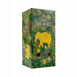 Delikatne zdjęcie zielonego zestawu herbaty Adalbert's z ilustracją słonia, wytwarzane z wysokiej jakości liści herbaty z Ceilonu, idealne do relaksu i aromatycznej degustacji.