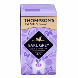 Earl Grey herbata w saszetkach, lekkie i aromatyczne, idealne do codziennego spożycia, opakowanie zawiera 40 torebek do parzenia, produkt marki Thompson's Family Teas.