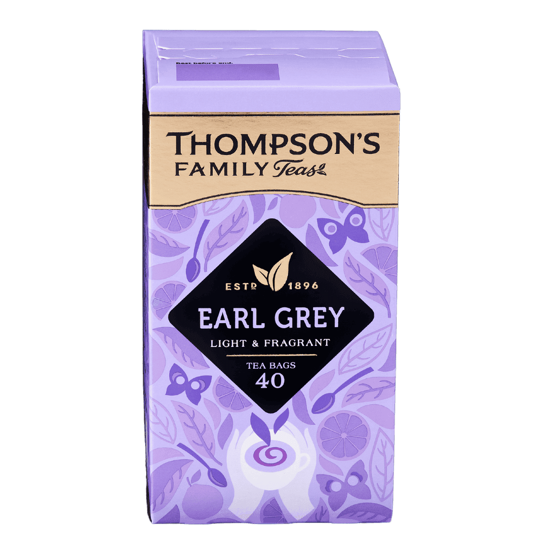 Earl Grey herbata w saszetkach, lekkie i aromatyczne, idealne do codziennego spożycia, opakowanie zawiera 40 torebek do parzenia, produkt marki Thompson's Family Teas.