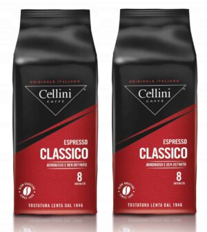 Podwójne opakowanie ziaren kawy Cellini Espresso Classico, idealne do aromatycznego i harmonijnego espresso, gwarantujące długoletnią tradycję palenia od 1946 roku.