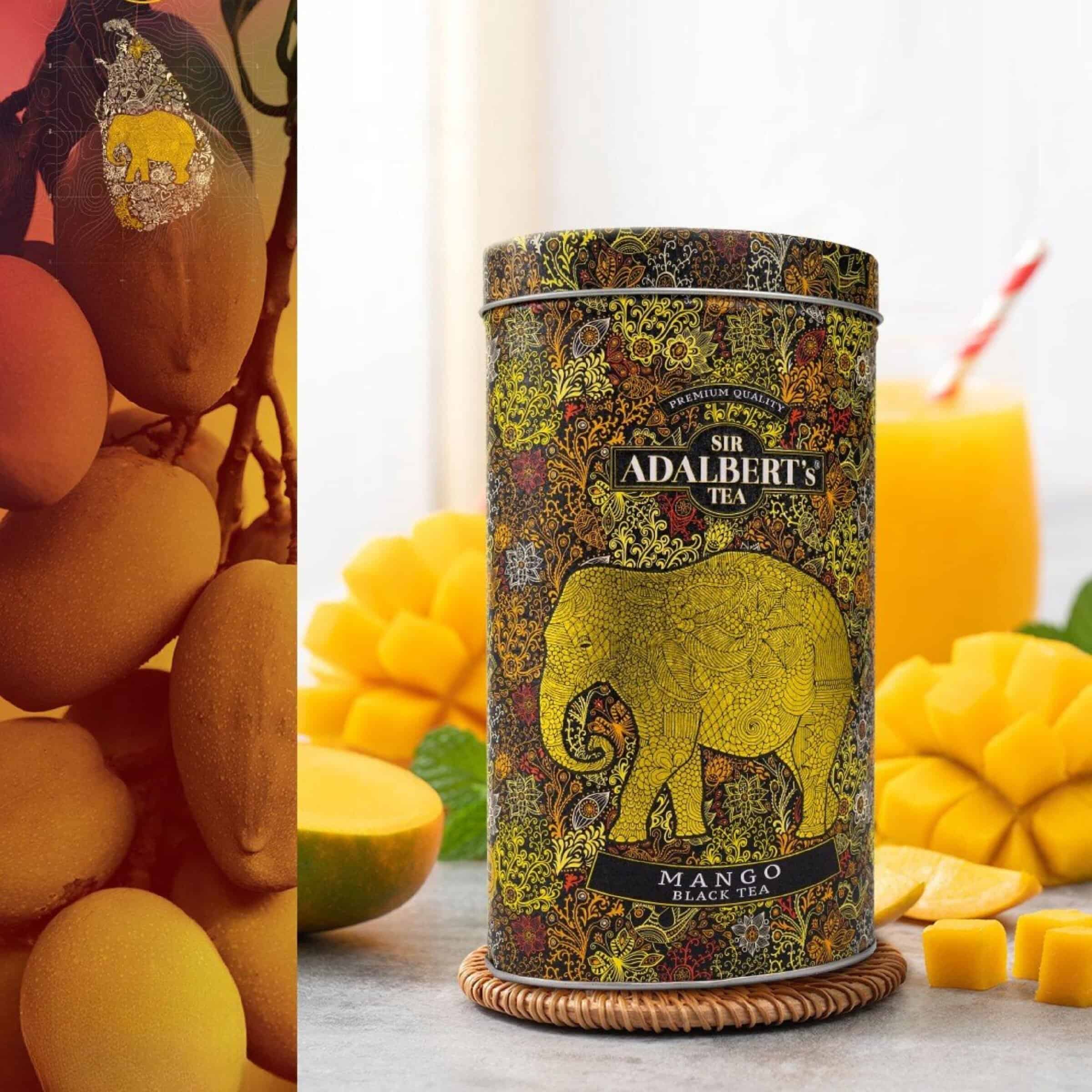 Swieżo zerwane mango, suszone mango i czarna herbata mango od FlowTea, w eleganckim opakowaniu Sir Adalbert's Tea, idealne na relaks i orzeźwienie.