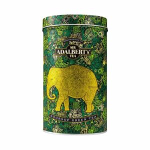 Artykuł z herbatą zieloną o smaku sorbetu, w eleganckim opakowaniu z żółtym słoniem i zielonym wzorem, idealny do relaksu i delektowania się wyśmienitym smakiem herbaty Sir Adalbert’s.