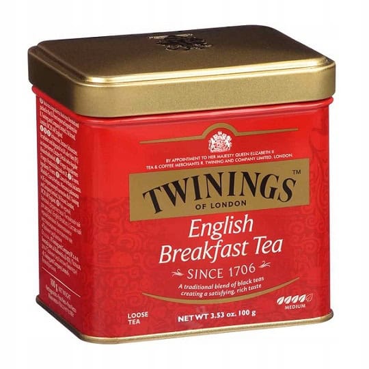 Herbata na śniadanie Twinings English Breakfast Tea w metalowym opakowaniu, klasyczny produkt do codziennego picia, wysoka jakość herbaty czarnej, tradycyjny smak, 100g.