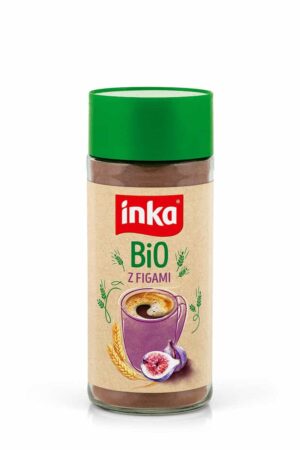Inka Bio z figami kawa rozpuszczalna w opakowaniu z zielonym wieczkiem, naturalny produkt bio z dodatkiem suszonych fig, idealny do szybkiego przygotowania aromatycznego napoju kawowego.