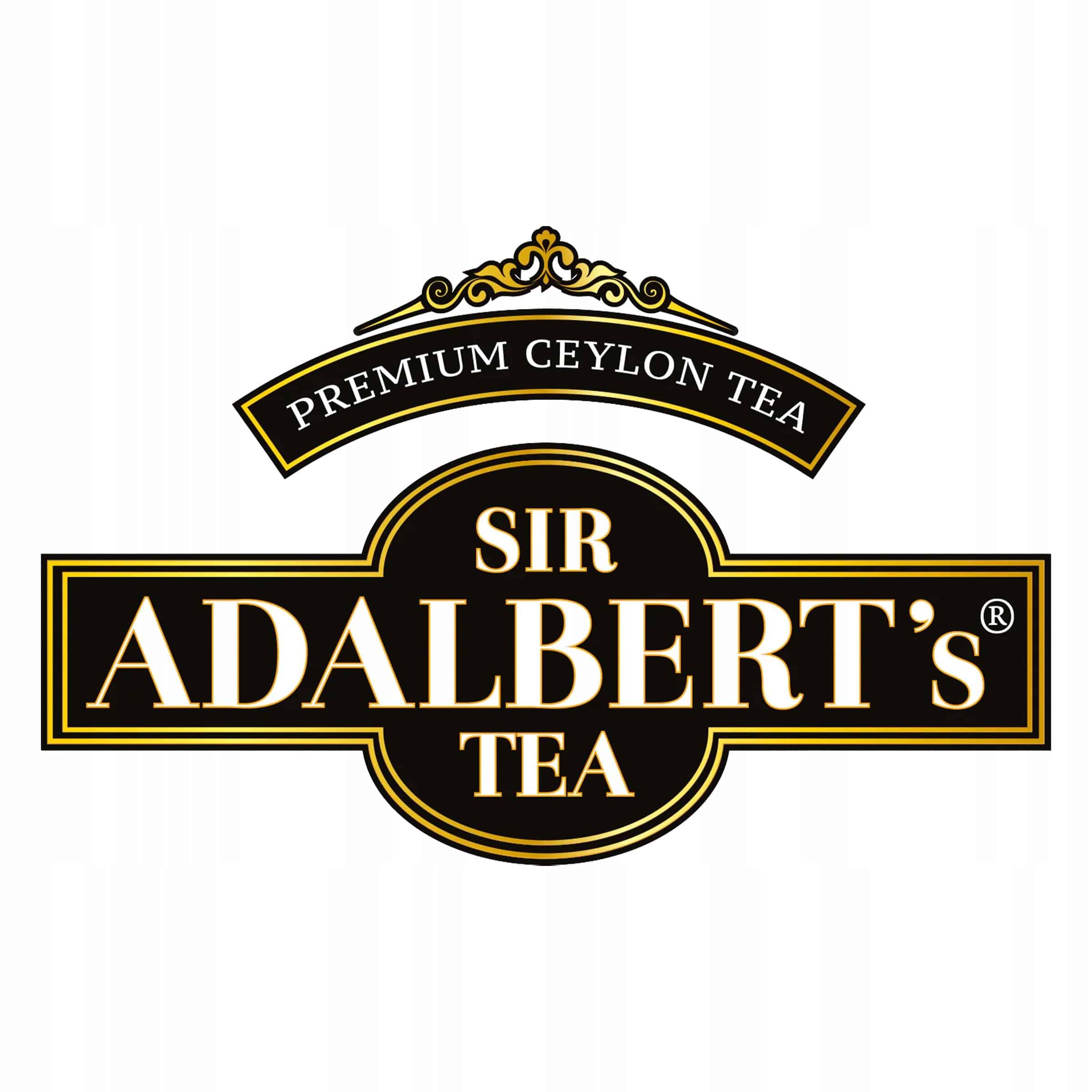 Czarny i złoty logo herbaciany Sir Adalbert's Tea, ekskluzywna herbata Cejlon premium, elegancki design, wysokiej jakości liście herbaty, luksusowy napój z Sri Lanki, idealny na prezent i do relaksu.
