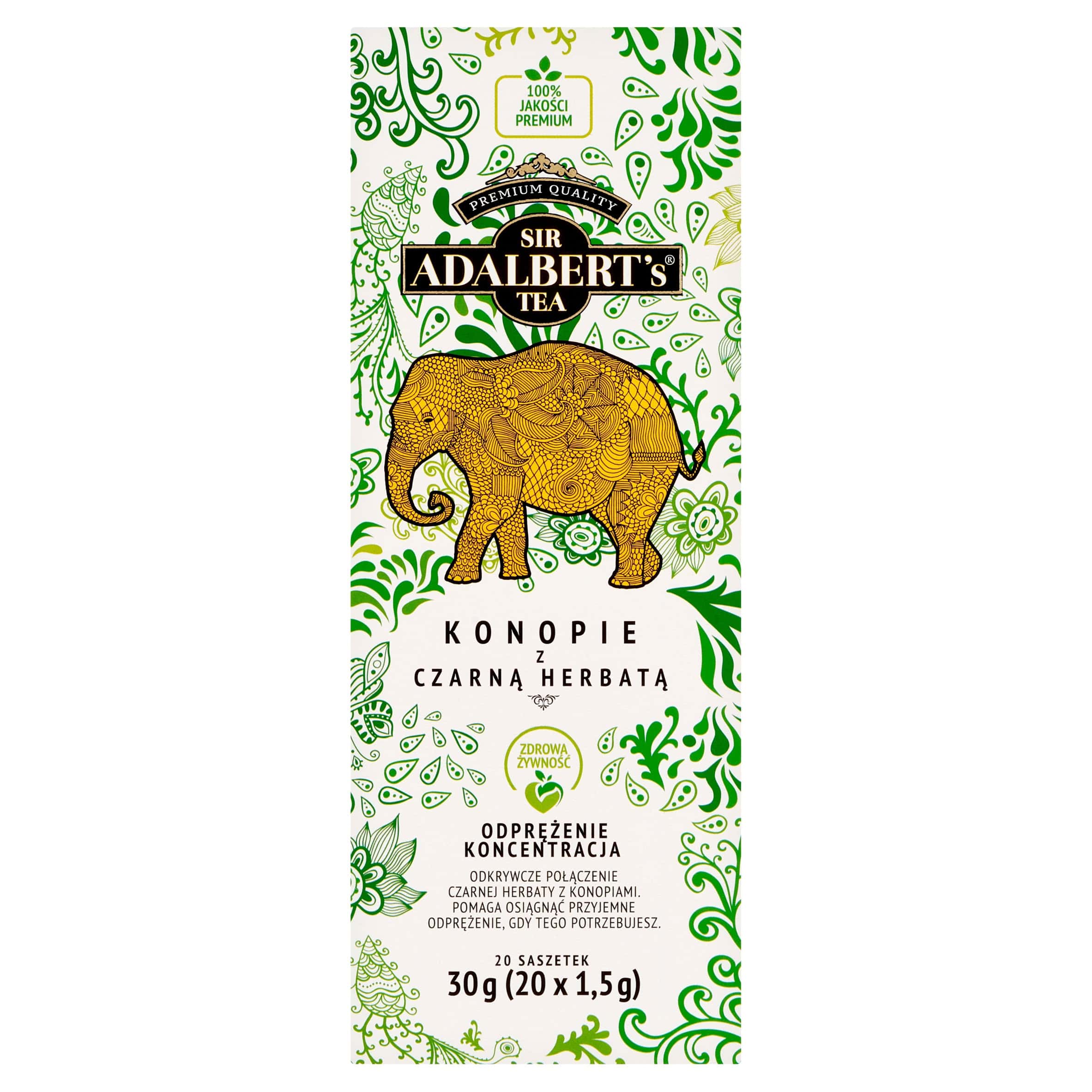 Wegański herbata z konopi i czarną herbatą, naturalny napój ziołowy na relaksację i koncentrację, 20 saszetek 30g, wysokiej jakości produkt od Sir Albert's Tea.