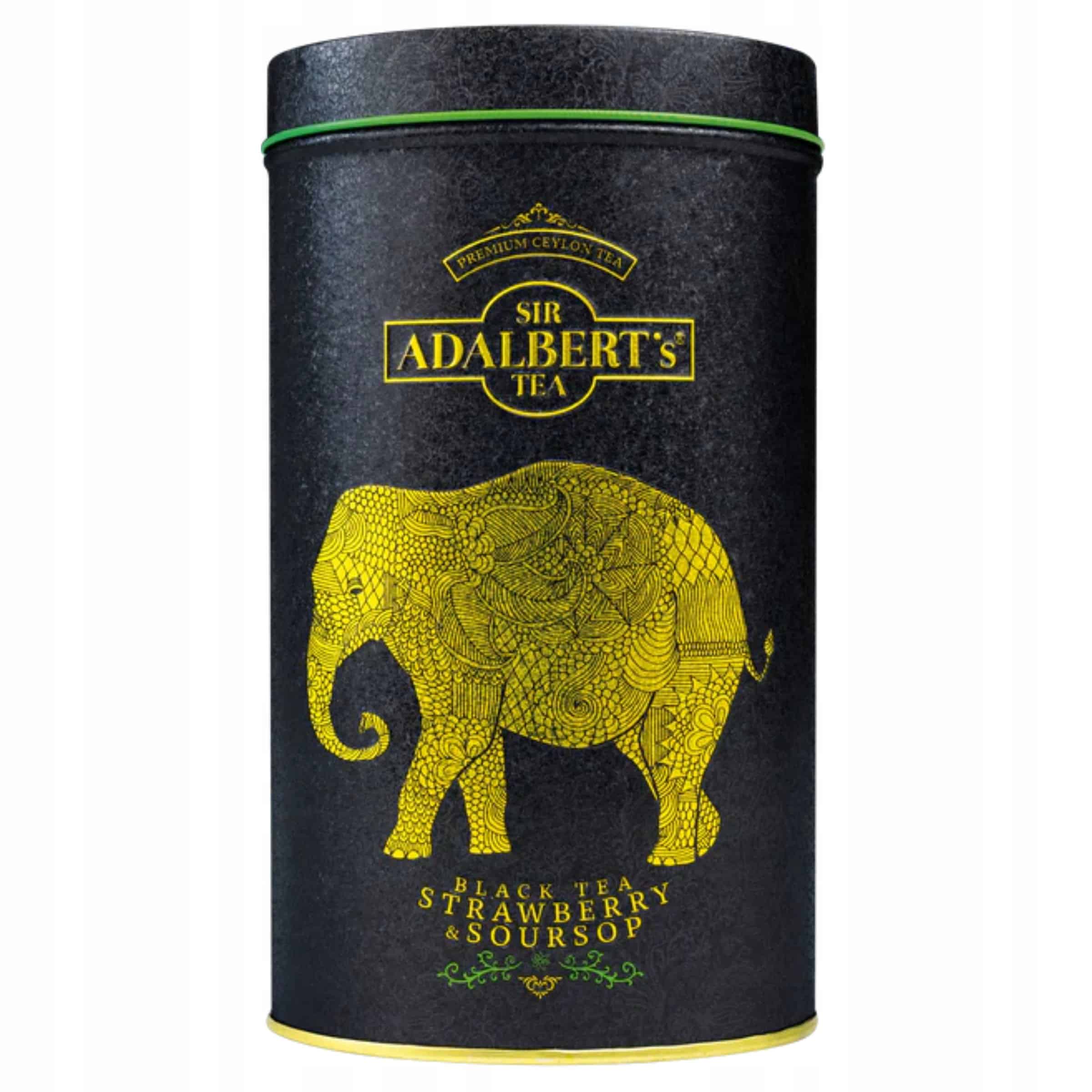 Adalberts Strawberry & Soursop 80g pouch 3 Soczewka herbaty Sir Albert's Tea w eleganckim czarnym opakowaniu z żółtym słoniem i złotymi akcentami, herbata czarna o smaku truskawkowym i z sokiem, luksusowe opakowanie premium.