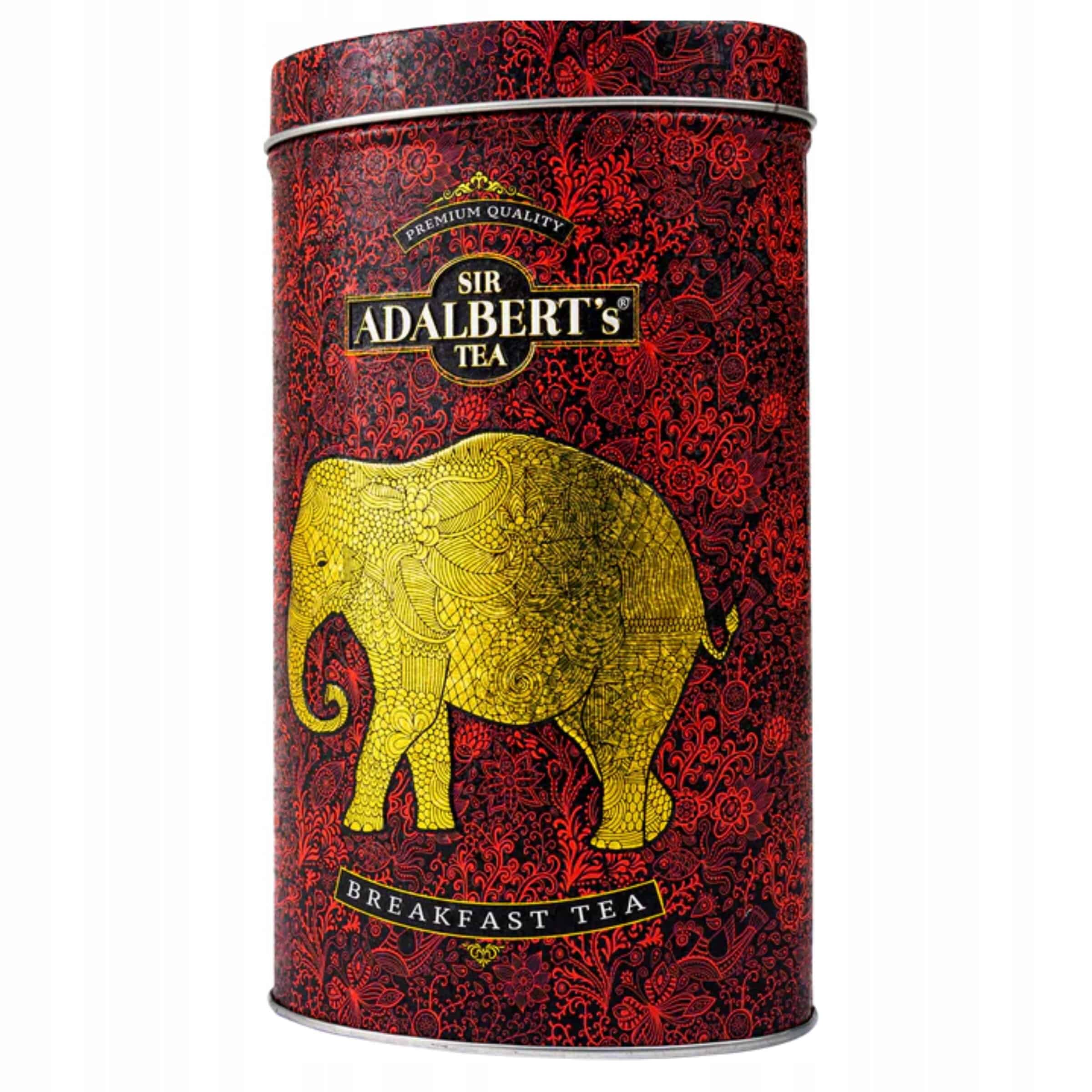Srebrne zbliżenie na eleganckie opakowanie herbaty Sir Adalbert's Tea, czerwono-złote wzory i szczegółowe tekstury, luksusowa czcionka, idealne dla miłośników herbaty premium i herbaty śniadaniowej.