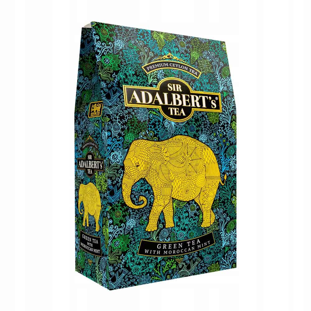 Herbata ADALBERT'S GREEN TEA MOROCCAN MINT 1 Delikatne opakowanie herbaty zielonej Sir Adalbert's z miętą marokańską, kolorowe wzory, egzotyczny motyw słonia, herbata premium, naturalny i orzeźwiający smak, idealna na relaks i poprawę samopoczucia.