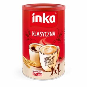 Inka Klasyczna kawa rozpuszczalna, aromatyczna i gładka, idealna do porannego śniadania, naturalny skład, produkt polski, w klasycznym opakowaniu z filiżankami.