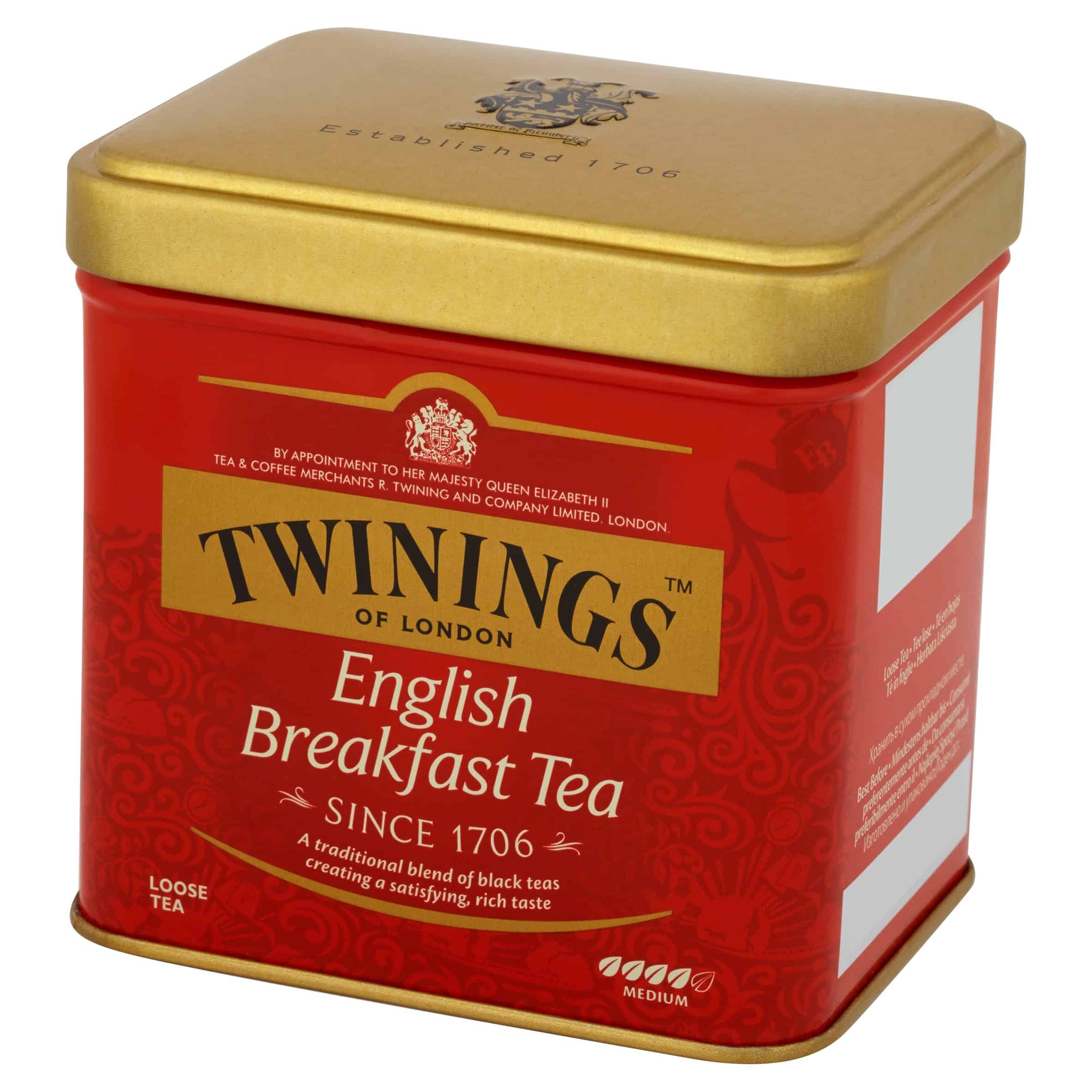 Herbata czarna Twinings English Breakfast w puszce metalowej, klasyczna i aromatyczna, idealna na poranny początek dnia, bogaty smak i tradycyjny blend.