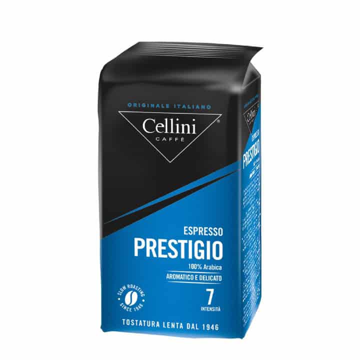 Kawa mielona Cellini Espresso Prestigio 100% Arabica, aromatyczna i delikatna, intensywność 7, wszechstronna jako kawa do ekspresu.