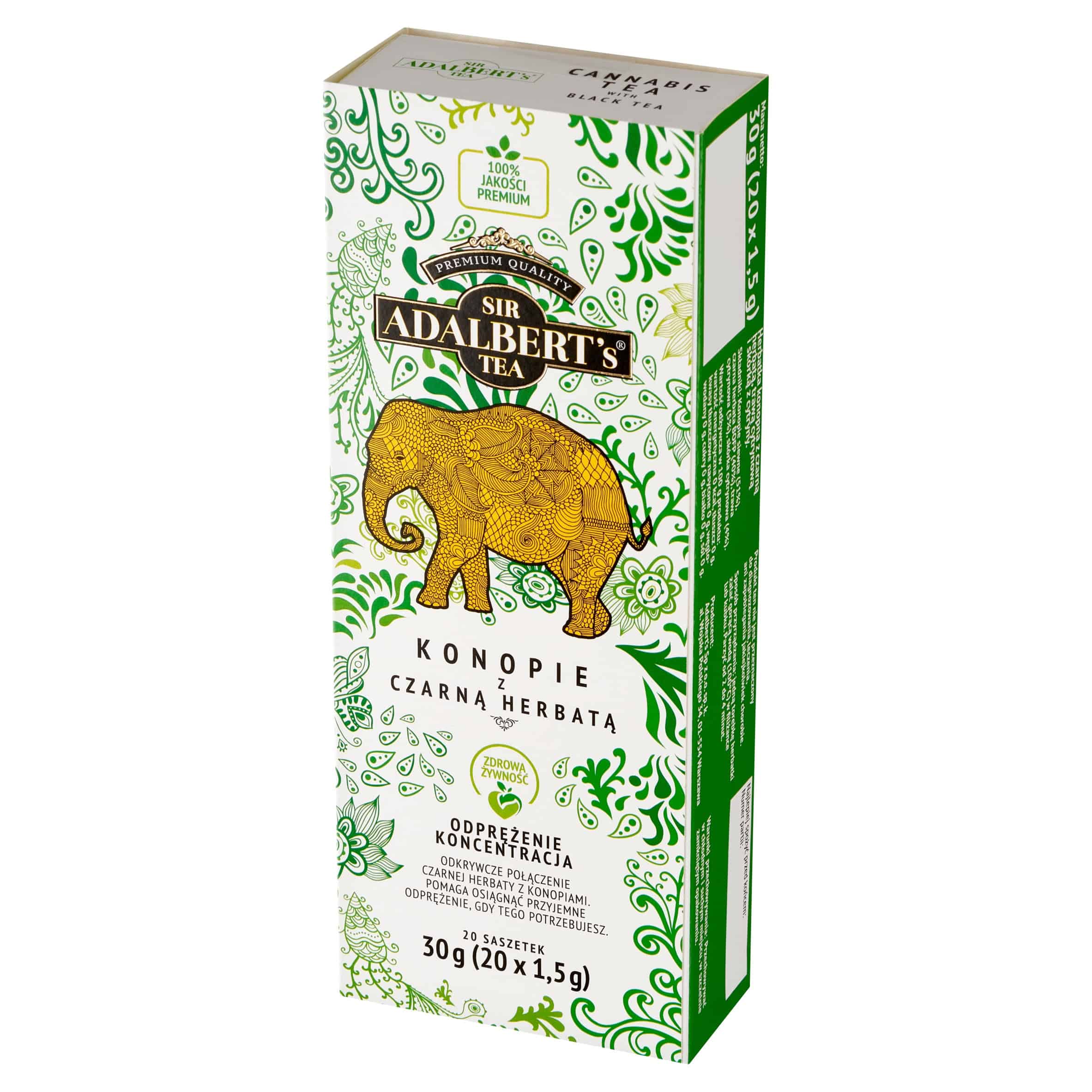Bogata w smak czarna herbata z konopi i czarna herbata, naturalny sposób na relaks i skupienie, opakowanie 20 saszetek, zdrowa żywność, hipoalergiczna, idealna do codziennego spożycia.